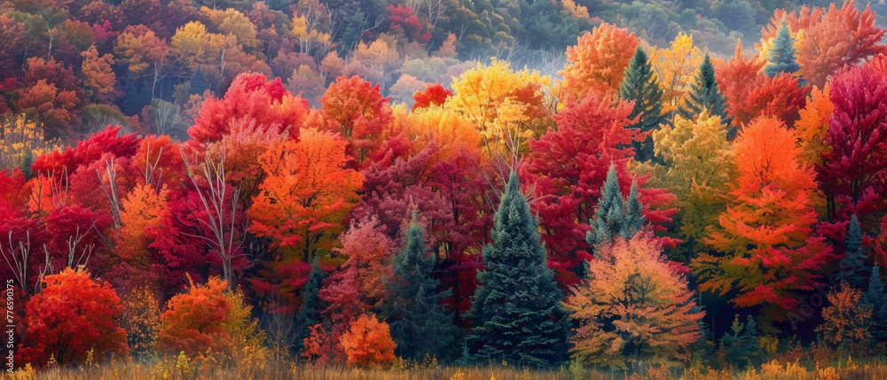 A colorful autumn landscape with the colors of the trees forming a splendid gradient of reds, oranges, and yellows, captured in high-definition to showcase its mesmerizing vibrancy.