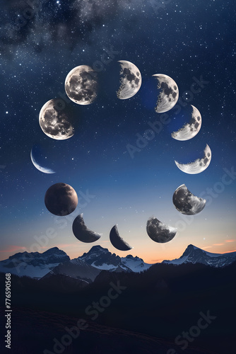 Circular Diagram Depicting the Eight Phases of the Moon Against a Starlit Sky Background