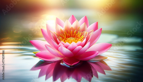 Pink lotus flower in full bloom floating on tranquil water at sunset.