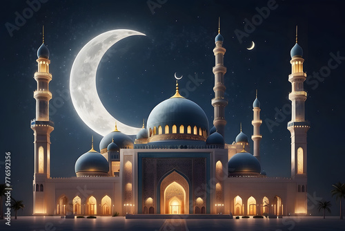 Eid Mubarak! A mosque with a moon, representing Eid-al-Adha, the Feast of Sacrifice.