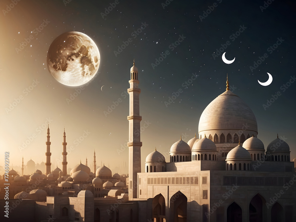 Eid Mubarak! A mosque with a moon, representing Eid-al-Adha, the Feast of Sacrifice.