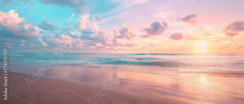 A tropical beach at sunrise, with the colors of the sky forming a splendid gradient of pinks and blues over the horizon, captured in high-definition to highlight its mesmerizing vibrancy. photo