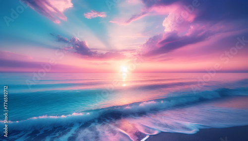 A stunning beach sunset with radiant colors in the sky reflecting on the water. photo