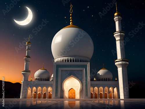 Eid Mubarak! A mosque with a moon, representing Eid-al-Adha, the Feast of Sacrifice.