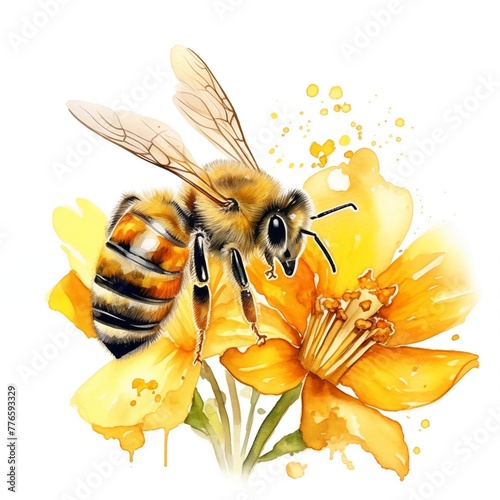 Bee with flower. Bee clipart. Watercolor illustration. Generative AI. Detailed illustration.