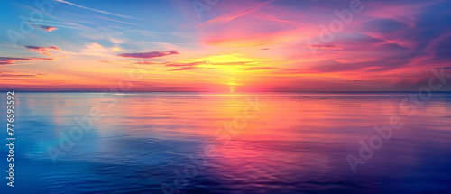 A coastal sunset with the colors of the sky reflecting off the water, forming a splendid gradient of colors on the horizon, captured in high-definition to showcase its mesmerizing vibrancy. photo