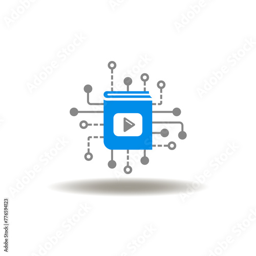 Vector illustration of book with circuit pattern and play button. Icon of elearning. Symbol of edtech.