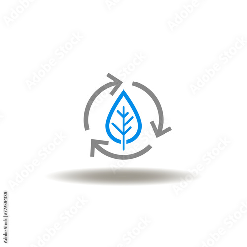 Vector illustration of arrows round recycle with leaf. Icon of circular economy. Symbol of recycling, environment, ESG.
