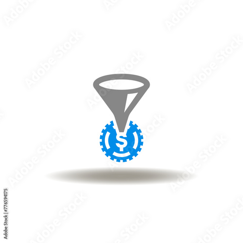 Vector illustration of funnel with coin cash. Icon of sales performance. Symbol of sales funnel. Sign of lead generation.