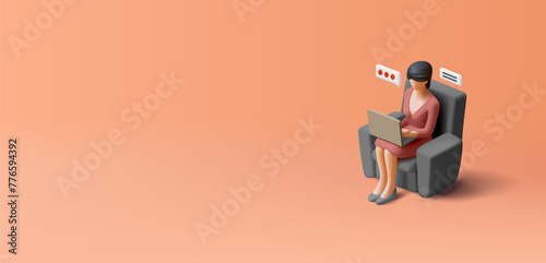 Business woman sitting in chair and working on laptop, communication, message 3d isometric shape. For work design concepts, online meetings, management, comfort, remote work. Vector