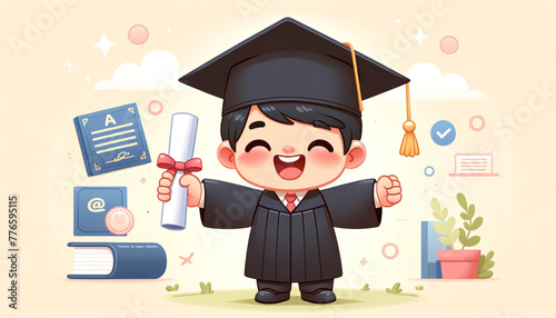 Cartoon graduate boy with diploma and happy face.