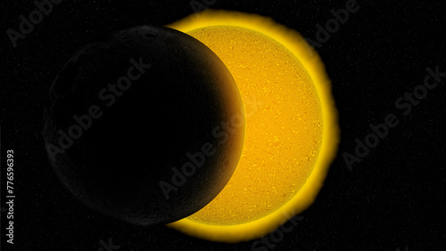 Solar eclipse, the moon transiting between the sun and planet Earth. 3d Illustration