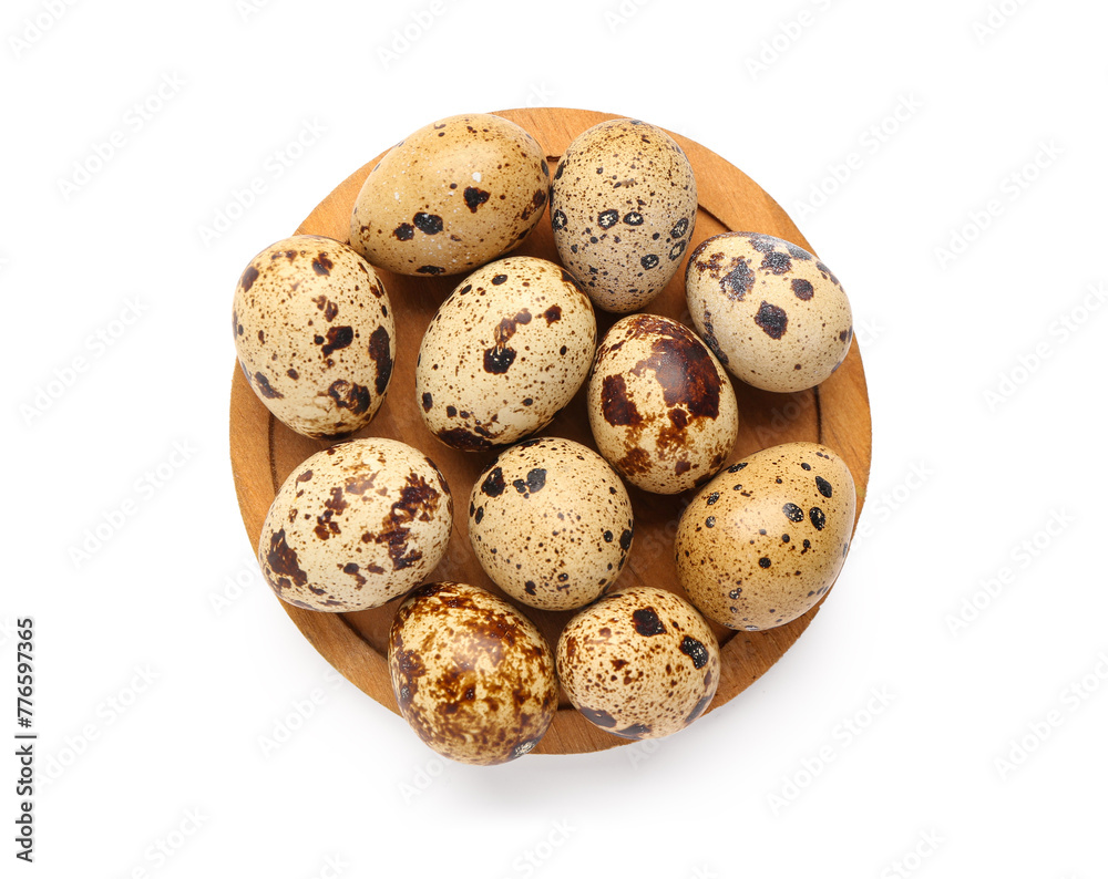 Wooden board with fresh quail eggs on white background