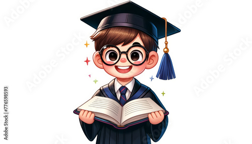 A cartoon boy with glasses in graduation attire holding an open book with colorful stars around.