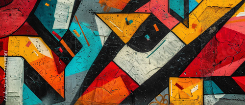 Bold graffiti-style lettering intertwining with dynamic abstract shapes, pulsating with energy on an urban wall. photo