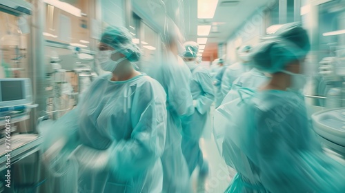 The blurred motion captures the dynamic activity of nurses diligently working in the Post-Anesthesia Care Unit (PACU). photo