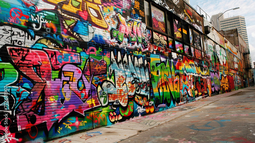 Bold graffiti tags cover the buildings along the street, their vibrant colors contrasting sharply with the pure white background, creating a visually dynamic scene.