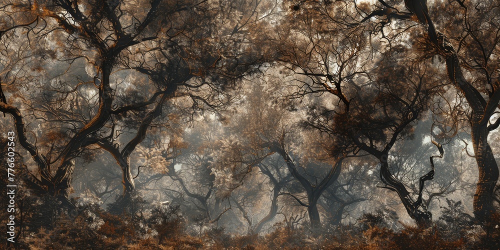 Medieval Metal Woodlands - where the trees themselves are made of softly glowing bronze and iron with branches intertwining overhead to form a majestic canopy created with Generative AI Technology - obrazy, fototapety, plakaty 