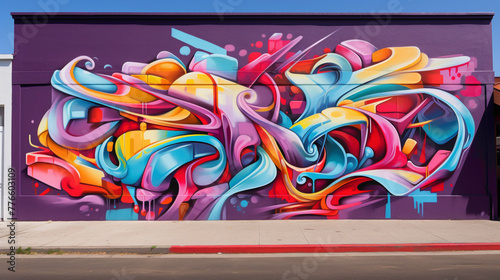 Bold strokes of graffiti-style lettering intertwine with fluid abstract shapes in a street art mural, creating a dynamic visual experience that captivates the imagination.