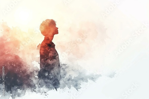Reverent figure in watercolor ambiance, isolated on white background