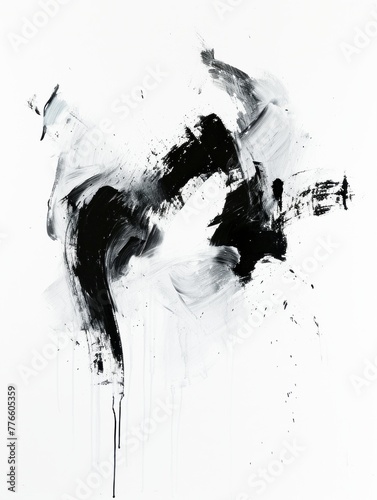 A painting of a black and white abstract piece with splashes