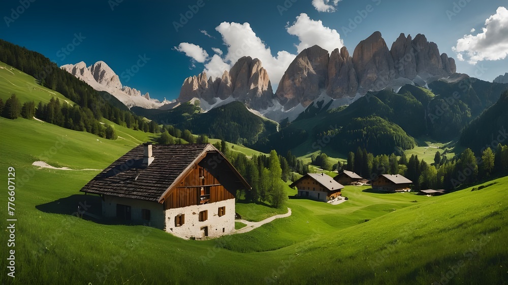 An idyllic scene of verdant meadows and tiny settlements tucked away among towering peaks in the Dolomites, Italy - obrazy, fototapety, plakaty 