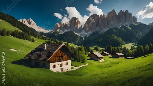 An idyllic scene of verdant meadows and tiny settlements tucked away among towering peaks in the Dolomites, Italy photo