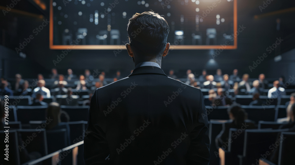 Holographic public speaking training with a virtual audience, dark, focused atmosphere Holographic public speaking training with a virtual audience, dark, focused atmosphere