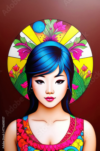 Illustration of a beautiful Asian girl with bright make-up.