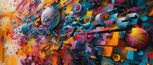 Dynamic graffiti-style lettering dances alongside intricate abstract patterns, resulting in a captivating street art masterpiece that invigorates the urban landscape with its vibrant energy.