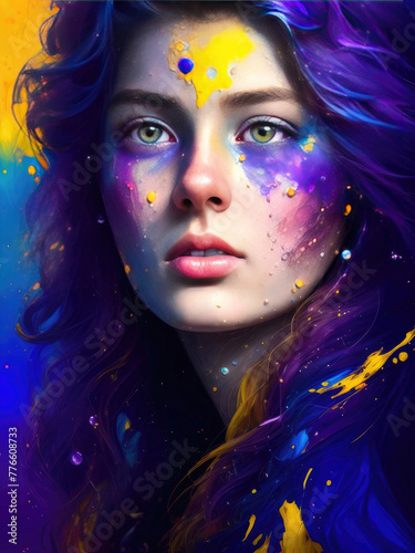 Portrait of a beautiful girl with blue hair and colorful makeup.