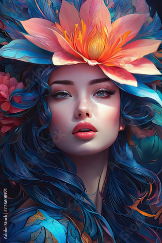 Beautiful girl with flowers in her hair. 3d rendering.