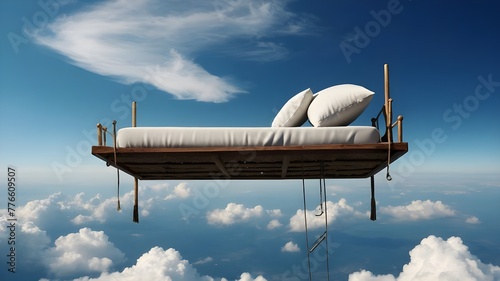 Unreal floating bed with a ladder atop a cloud in a blue sky, signifying rest, dreams, and tranquility. photo