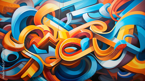 Dynamic lines and shapes converge to form graffiti-style lettering, accentuated by abstract patterns that transform a nondescript wall into a vibrant urban canvas. photo