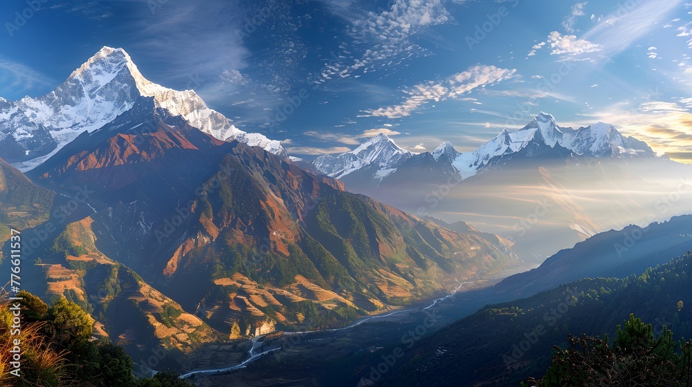 Breathtaking mountain range adorned with snow-capped peaks and verdant valleys.