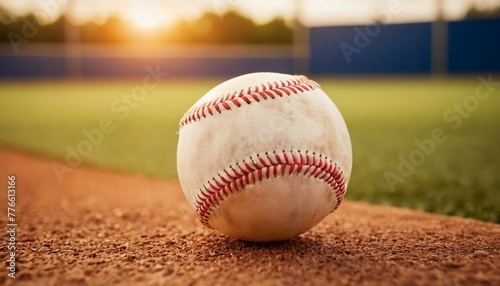 Baseball ball lying on the baseball field, concept of the beginning of the Baseball season. Generative AI