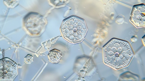 A diatom colony with individual frustules neatly arranged in a hexagonal pattern and connected by slender transparent strands.