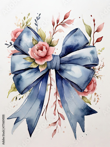 Beautiful watercolor hand drawn illustration of a bow with flowers.