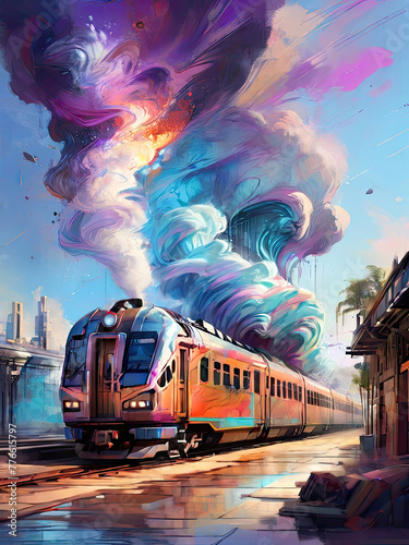 Digital painting of a train on a city street at sunset. Digital illustration.