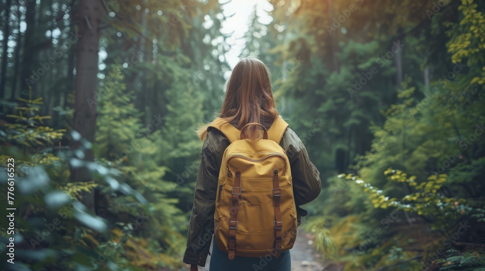 Explorer Young woman With Backpack Walking In Forest, Rear view. Adventure woman with backpack going on a camping. National park, Forest, Traveler