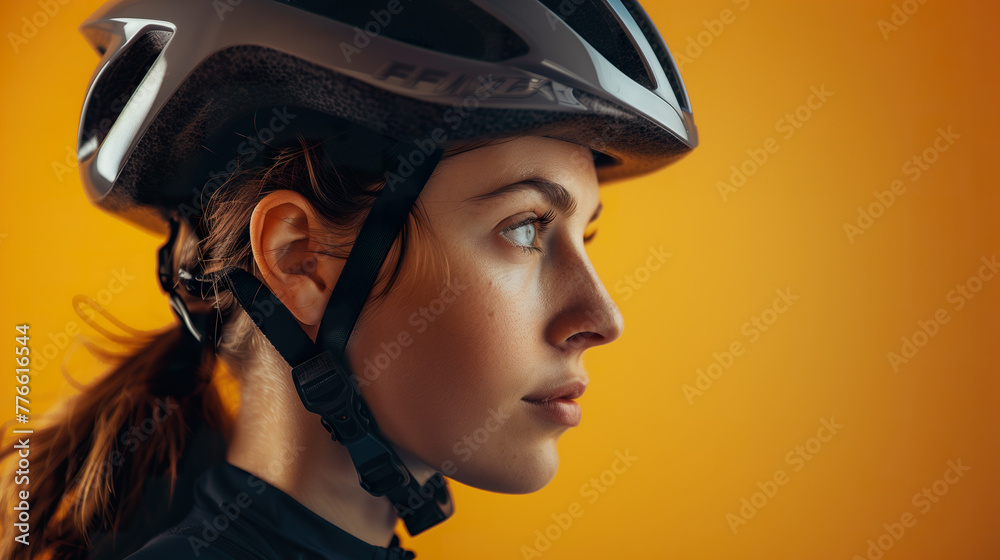 A side-angle close-up of a female professional cyclist wearing a helmet