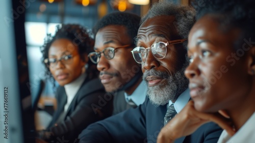 Group of black business people together in a meeting watching screens photo