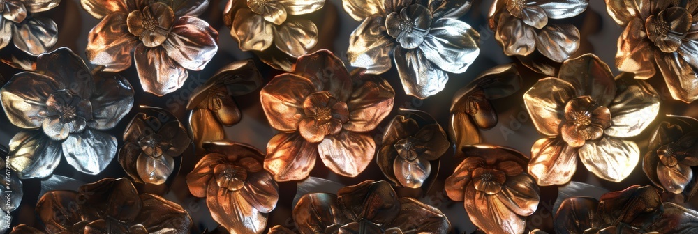 Flowers are made from the same metals as knights armor, with petals in shades of polished steel, copper, and brass, reflecting the sunlight in a serene way created with Generative AI Technology