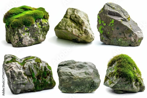 Collection of moss-covered rocks and boulders in natural forest setting, isolated on white background