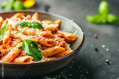 Penne pasta in creamy pink vodka sauce garnished with parmesan cheese and basil, traditional Italian cuisine