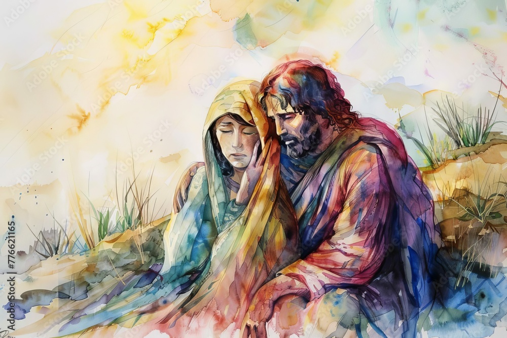 Jesus comforts his sorrowful Mother on the path to Calvary, tender moment, watercolor painting