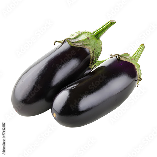 Two eggplants with green stems as natural foods in the nightshade family