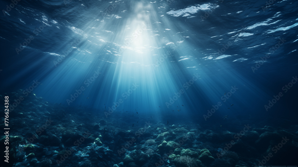 Underwater Scene with Sunbeams Shining Through