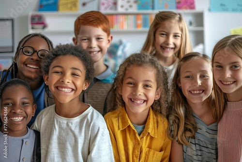 Cheerful Diverse Schoolchildren Posing Together in Classroom After School Reopens