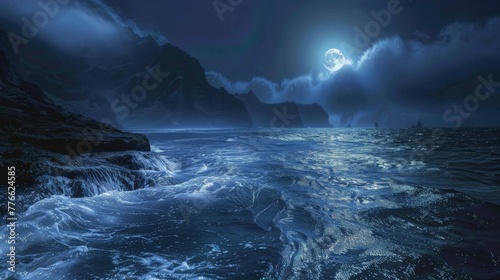 Convey the eerie calm of the ocean at night, with gentle waves glowing under the moonlight, adding a mystical allure to the seascape. © Sasint